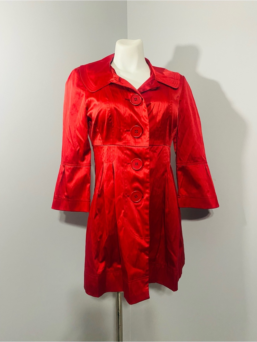 I.N. Studio Red Satin Long Sleeve A-Line Dress Coat